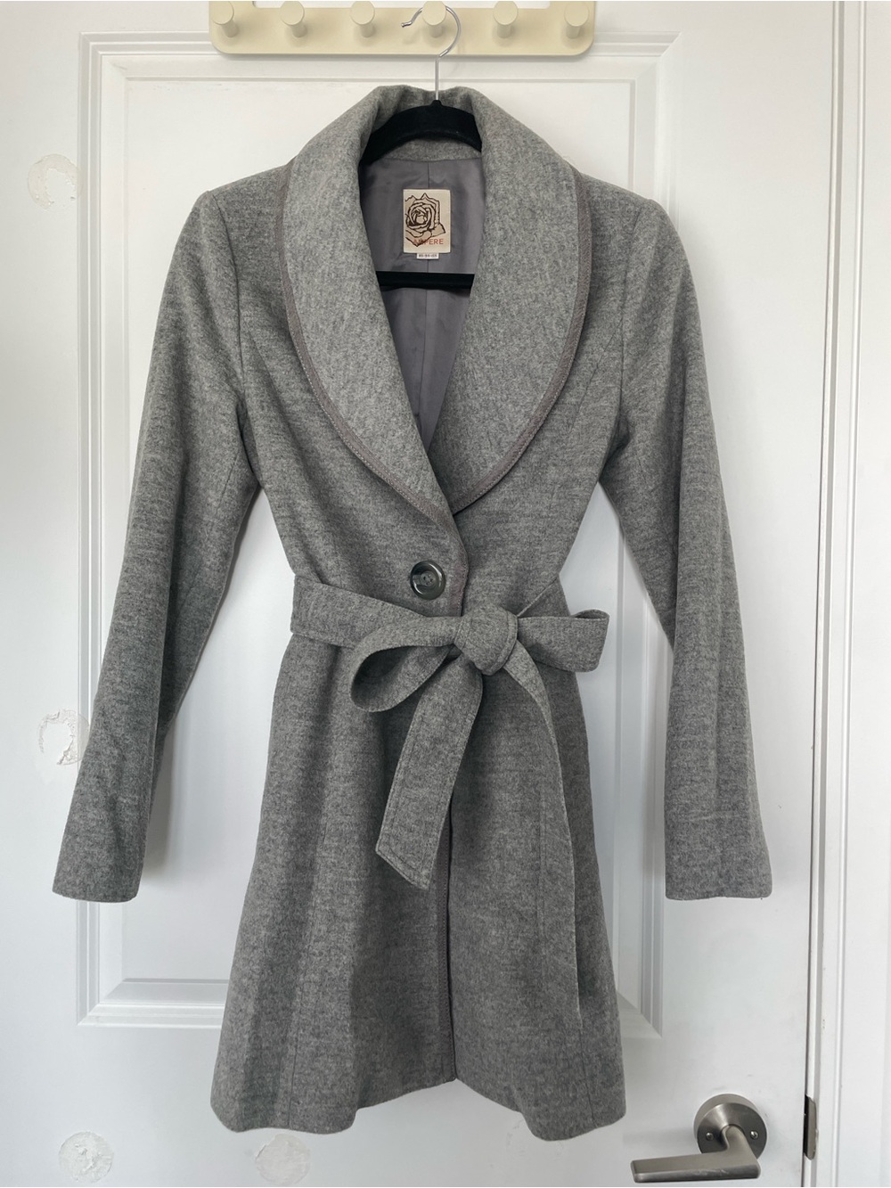 Womens Gray Belted Shawl Collar Coat